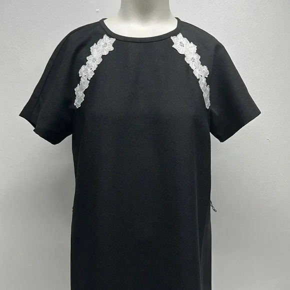 Kate Spade Dress Floral Lace Trim Crepe Short Sleeve Mini Black White Size 4 - Picture 4 of 11